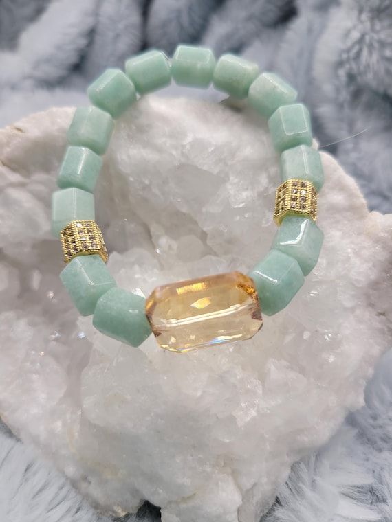Energetically ENCHANTING aqua Jade box cut cube natural gemstone beads with champagne faceted crystal focalbead stretch stacking bracelet