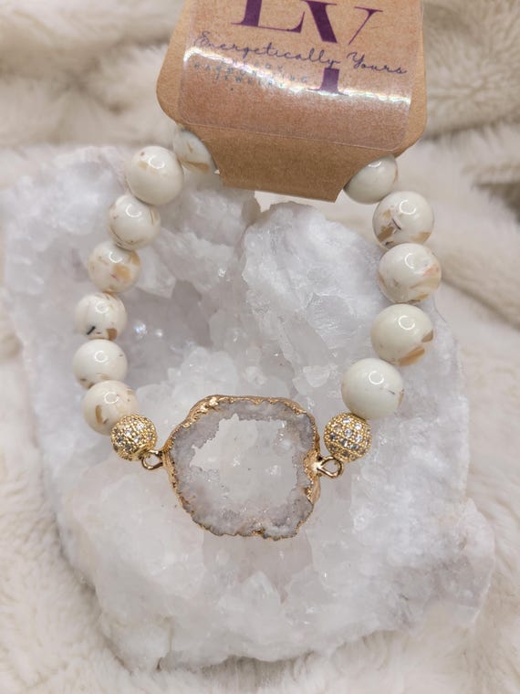 Energetically PURIFYING white shell turquoise beads with gold plated druzy quartz focalpiece stretch stacking bracelet