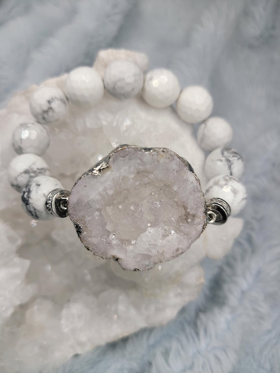 Energetically CALMING faceted howlite beads complimenting silver plated druzy quartz focalpiece stretch stacking bracelet