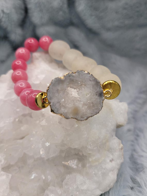 Energetically HEALING pink jade and clear recycled glass beads complimenting gold plated druzy quartz focalpiece stretch stacking bracelet