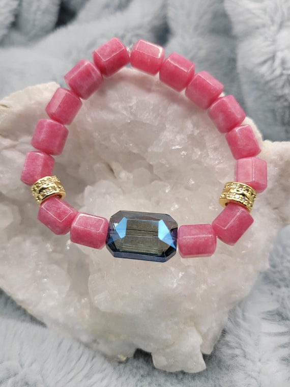 Energetically LOVING pink Jade box cut cube gemstone beads with blue faceted crystal focal bead stretch stacking bracelet
