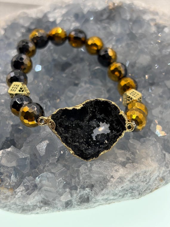 Energetically GROUNDING faceted agate beads complimenting gold plated druzy black agate geode slice focalpiece stretch stacking bracelet