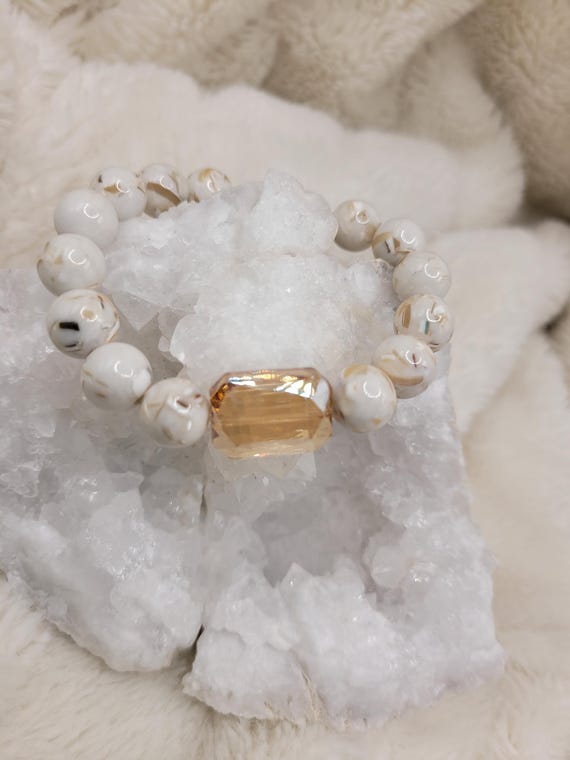 Energetically PURIFYING white shell turquoise beads with champagne faceted crystal focal bead stretch stacking bracelet