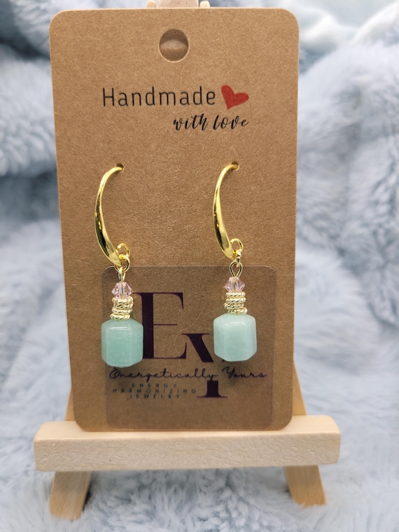 Energetically CAPTIVATING aqua green Jade and faceted Swarovski crystal bead gold hook dangle earrings