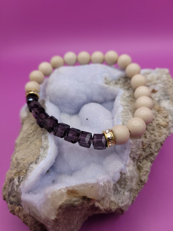 Energetically INSPIRING Royal purple crystal cube beads paired with smooth bone colored natural stone beads bracelet