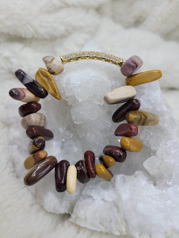 Energetically REGENERATING mookaite point beads gracing 14k gold rhinestone noodle bead stacking stretch bracelet.