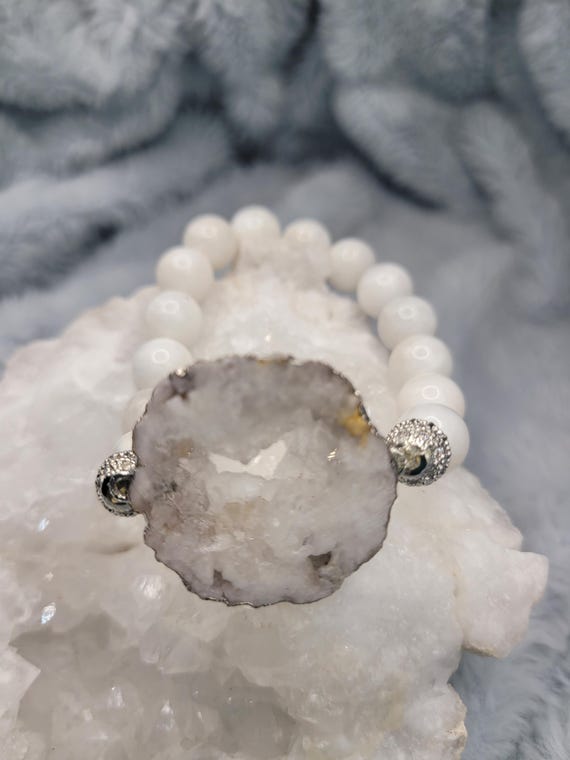 Energetically ELEVATING snow quartz beads complimenting silver plated druzy quartz focalpiece stretch stacking bracelet