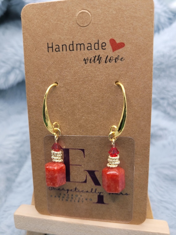 Energetically PROTECTING red Jade and faceted Swarovski crystal bead gold hook dangle earrings