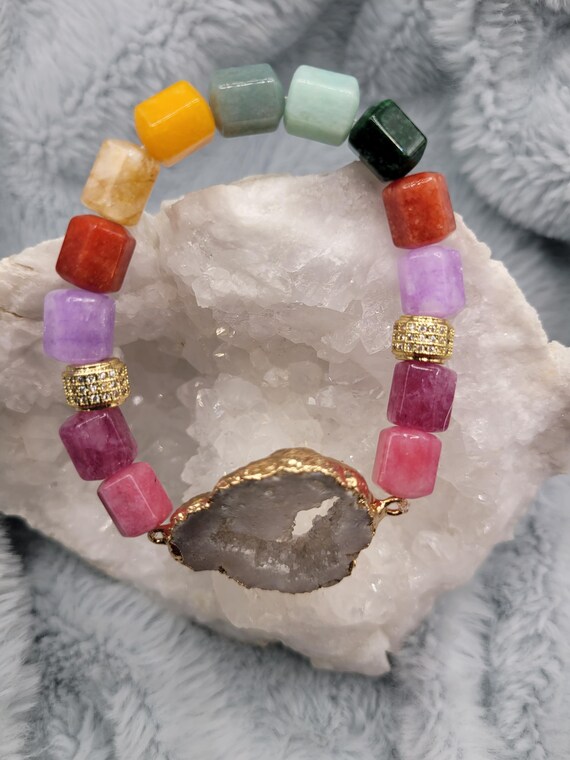 Energetically UPLIFTING natural multicolored gemstone Jade beads complimenting gold plated druzy quartz focalpiece stretch stacking bracelet