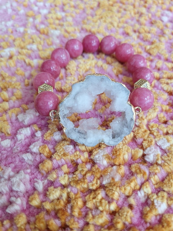 Energetically ELEVATING pink jade beads complimenting gold plated druzy quartz focalpiece stretch stacking bracelet