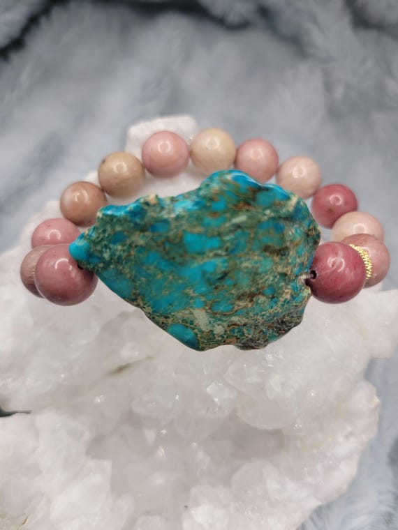 Energetically EXPANDING rhodochrosite beads complimenting turquoise slab focal bead stretch, stacking bracelet