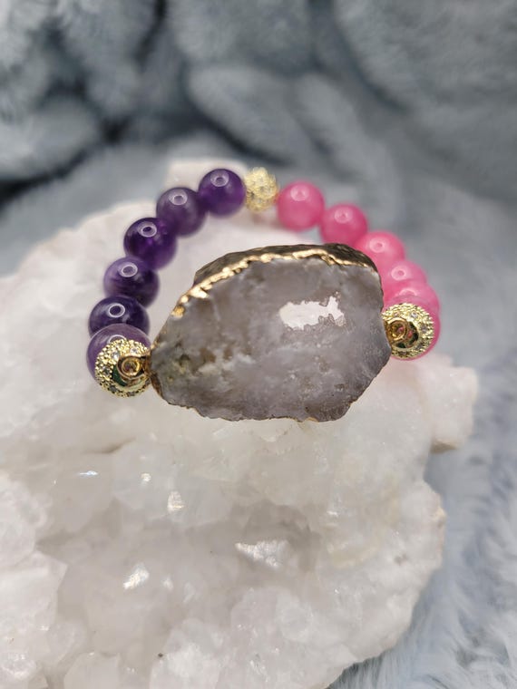 Energetically HEALING amethyst and pink tourmaline beads complimenting gold plated druzy quartz focalpiece stretch stacking bracelet
