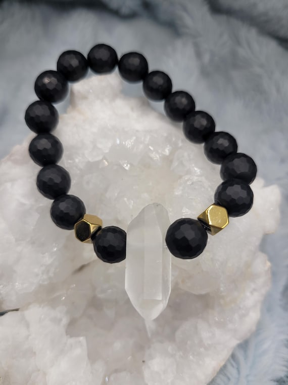 Energetically GROUNDING faceted matte black onyx beads paired with quartz point and hematite cube beads stretch, stacking bracelet