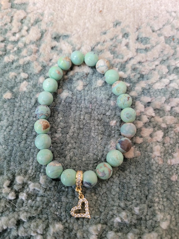 Energetically CALMING light green banded agate beads complimenting cz paved gold plated heart charm and bead stretch, stacking bracelet.