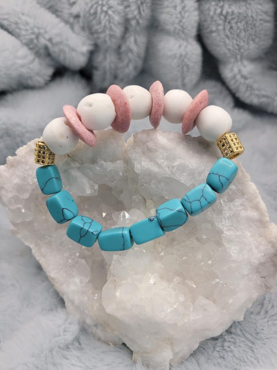 Energetically BALANCING pink saucer and white sand cast beads paired with howlite beads stretch, stacking bracelet.