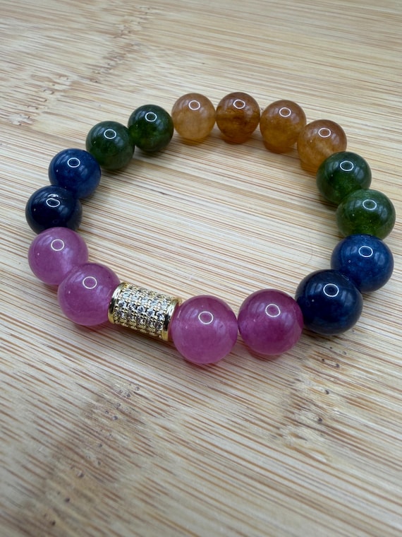 Energetically UPLIFTING natural multicolored watermelon quartz beads complimenting cz paved gold focal bead stretch stacking bracelet
