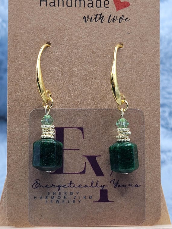 Energetically NURTURING green Jade and faceted Swarovski crystal bead gold hook dangle earrings