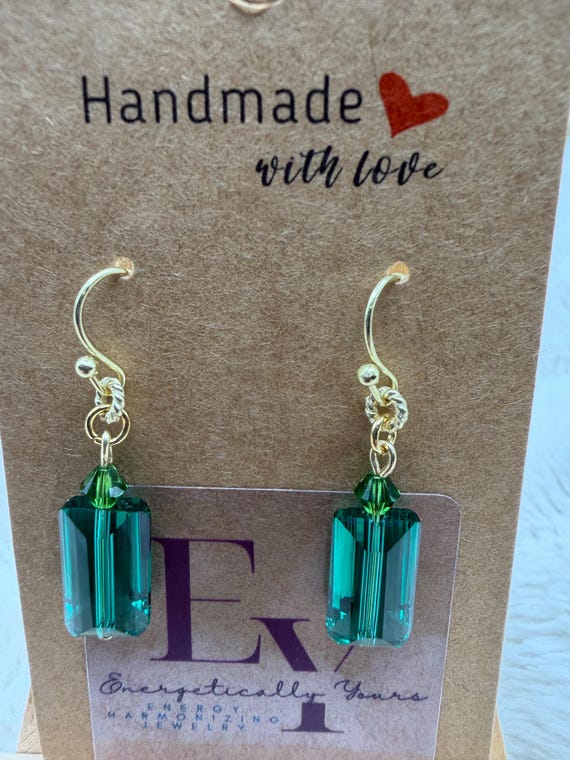 Energetically INVIGORATING dark green faceted Austrian crystal and Swarovski crystal bead gold hook dangle earrings