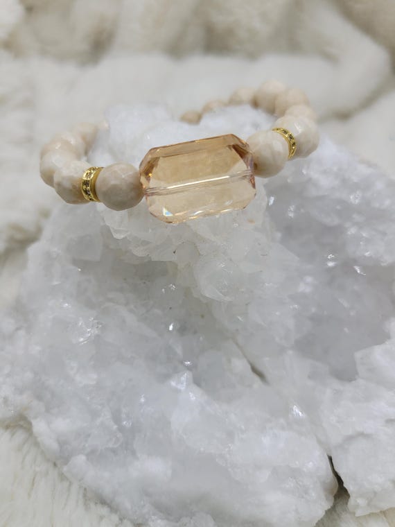 Energetically CALMING faceted howlite beads with champagne faceted crystal focal bead stretch stacking bracelet