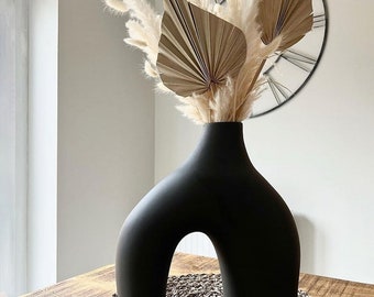 Modern Geometric Donut Ceramic Vase - Black Boho Decor for Living Room, Bookshelf, Mantel & Fireplace - Farmhouse Chic Home Decoration