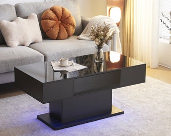 Modern LED Coffee Table with Drawer - High Gloss Black Accent Furniture for Living Room - 43.3 Inch