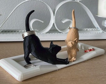 Porta anillos con dos gatos y plato para cama - Exhibidor de anillos exclusivo - Regalo de compromiso Porta anillos personalizado - Regalos para ella Tamaño regular y grande
