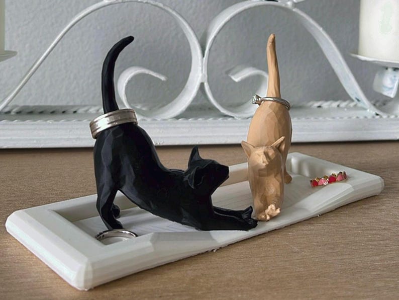 Black and Light Brown Cat on a white plate.