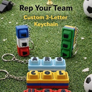 May include: Custom 3-letter keychains in red, white, blue, yellow, and green. The keychains spell out "ARG", "COL", and "USA". The background includes soccer balls, a trophy, and the text "Rep Your Team".