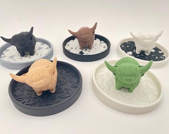 3Dプリント製ハイランド牛リングホルダー – 花柄ディッシュ、ジュエリーオーガナイザー