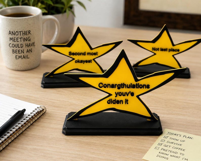 May include: Three yellow star-shaped desk awards with black outlines and black bases. The front star reads Conargthulations youv'e diden it. The back left star reads Second most okayest. The back right star reads Not last place.