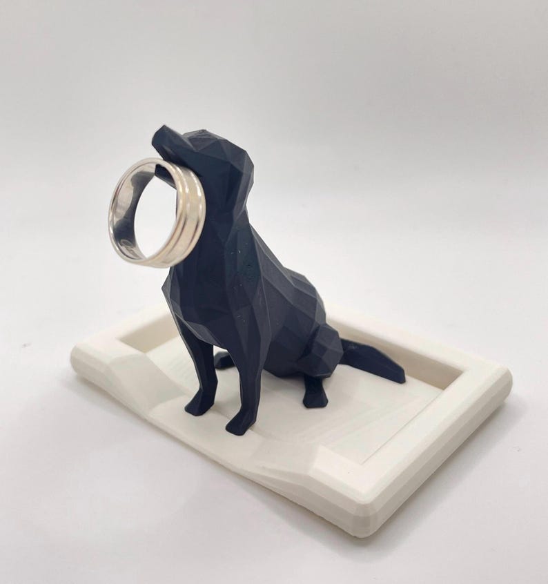 Puede incluir: Un soporte para anillos con forma de perro geom&eacute;trico negro con un anillo plateado en la boca. El perro est&aacute; sobre una bandeja rectangular blanca. El soporte para anillos es un objeto decorativo para guardar anillos y joyas.