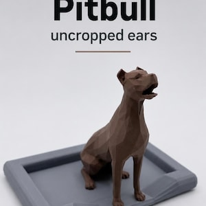 Puede incluir: Figura geom&eacute;trica marr&oacute;n de un perro Pitbull con orejas sin cortar, sobre una base rectangular gris. El texto "Pitbull uncropped ears" est&aacute; encima del perro.