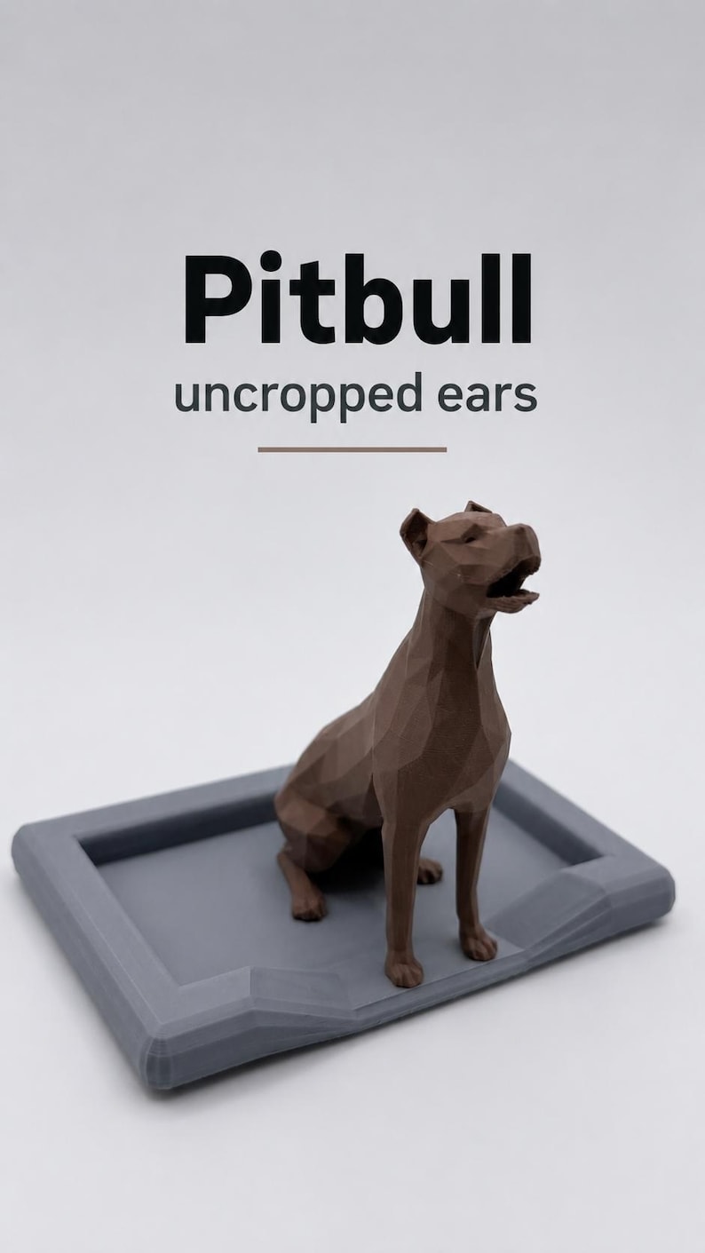 Puede incluir: Figura geom&eacute;trica marr&oacute;n de un perro Pitbull con orejas sin cortar, sobre una base rectangular gris. El texto "Pitbull uncropped ears" est&aacute; encima del perro.