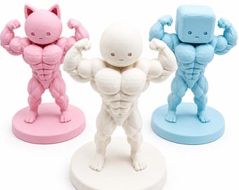 May include: Three muscular figurines standing on circular bases. The left figure is pink with cat ears, the center figure is white with a round head, and the right figure is light blue with a cube-shaped head. Each figure has a defined physique.