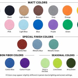 May include: A color chart displaying various circular swatches categorized by finish. Sections include Matt Colors, Special Finish Colors, Carbon Fiber Colors, and Seasonal Colors. Each circle is labeled with its corresponding color name below it.