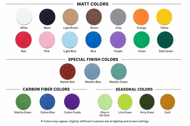 May include: A color chart displaying various circular swatches categorized by finish. Sections include Matt Colors, Special Finish Colors, Carbon Fiber Colors, and Seasonal Colors. Each circle is labeled with its corresponding color name below it.