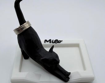 Soporte para anillos con forma de gato y plato para anillos (pequeño o grande) / Soporte para anillos personalizado, ideal como regalo de compromiso / Regalos para ella / Impresión 3D / Plástico