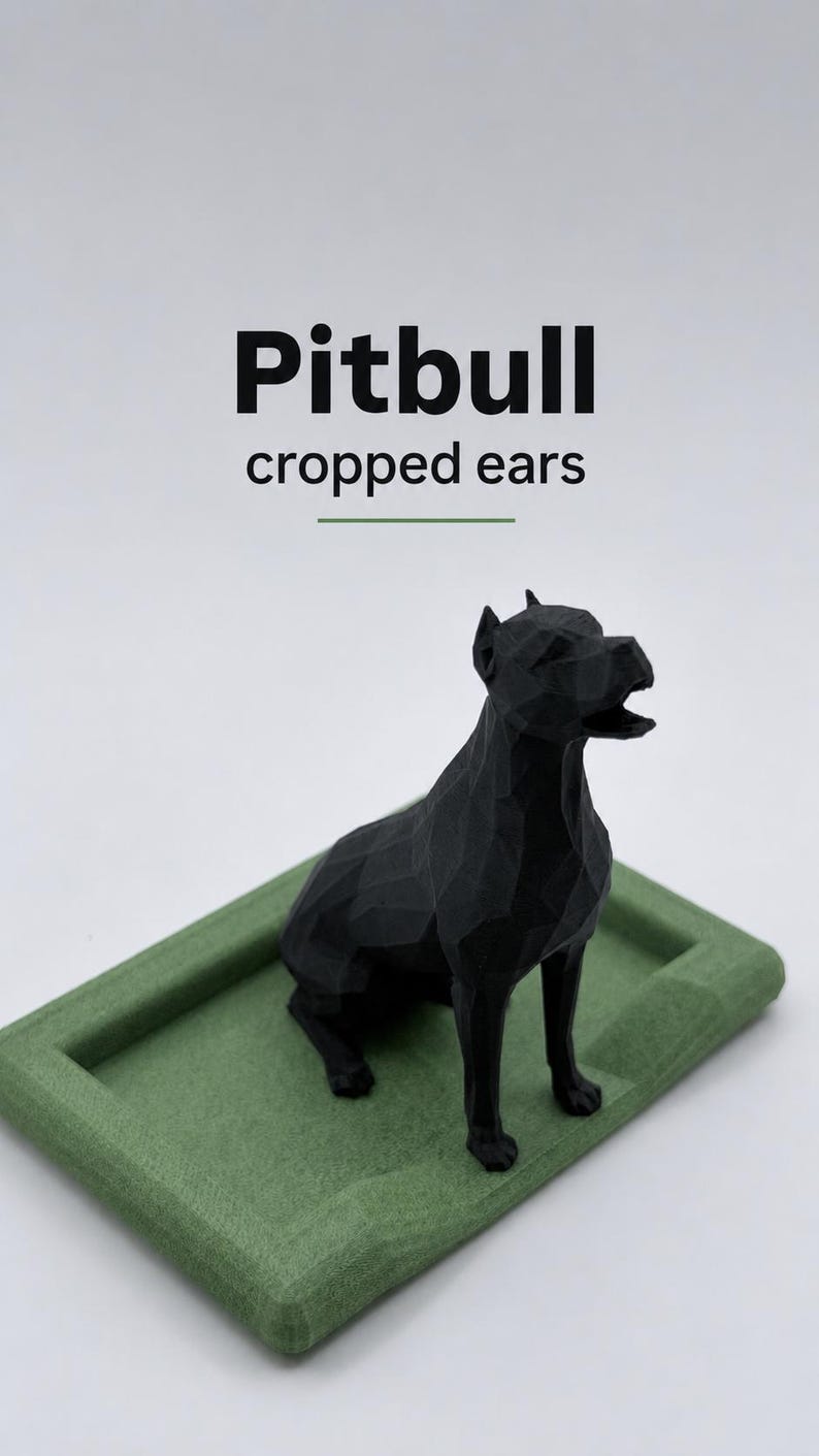 Puede incluir: Escultura negra de un perro Pitbull con orejas cortadas, de estilo geom&eacute;trico, sobre una base rectangular verde. El texto "Pitbull cropped ears" est&aacute; encima. Dise&ntilde;o moderno y angular.