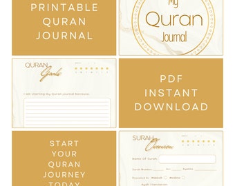 May include: Printable Quran journal with a gold and white marble design. The journal includes a section for daily Quran goals, a section for tracking surah progress, and a section for notes and reflections.