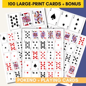 100 carte Pokeno Jumbo a caratteri grandi! / Poker Bingo / Poker Keno + Design classico familiare + Mazzo bonus e classifiche delle mani / Download immediato!