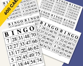 600 cartones de bingo gigantes (PDF imprimible con letra grande, 1 por página + varios tamaños adicionales) Juego digital fácil de leer