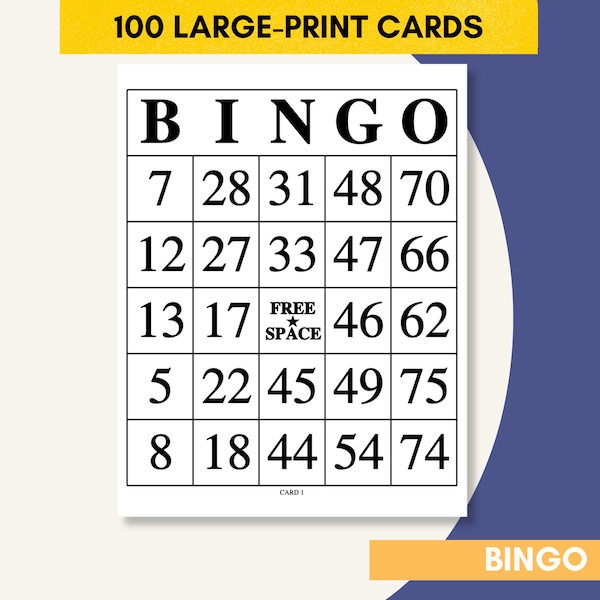 Large Print 100 Bingo Cards | 1 Per Page | Printable PDF Download | Black and White Digital Download | Complete Set, Everything you need!