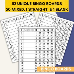 50 gemengde bingoborden, 1 recht, 1 blanco, 52 unieke bingoborden in bundel! | 1-75 bal | Bingo met 1-15 lijnen | Afdrukbare pdf | Direct downloaden!