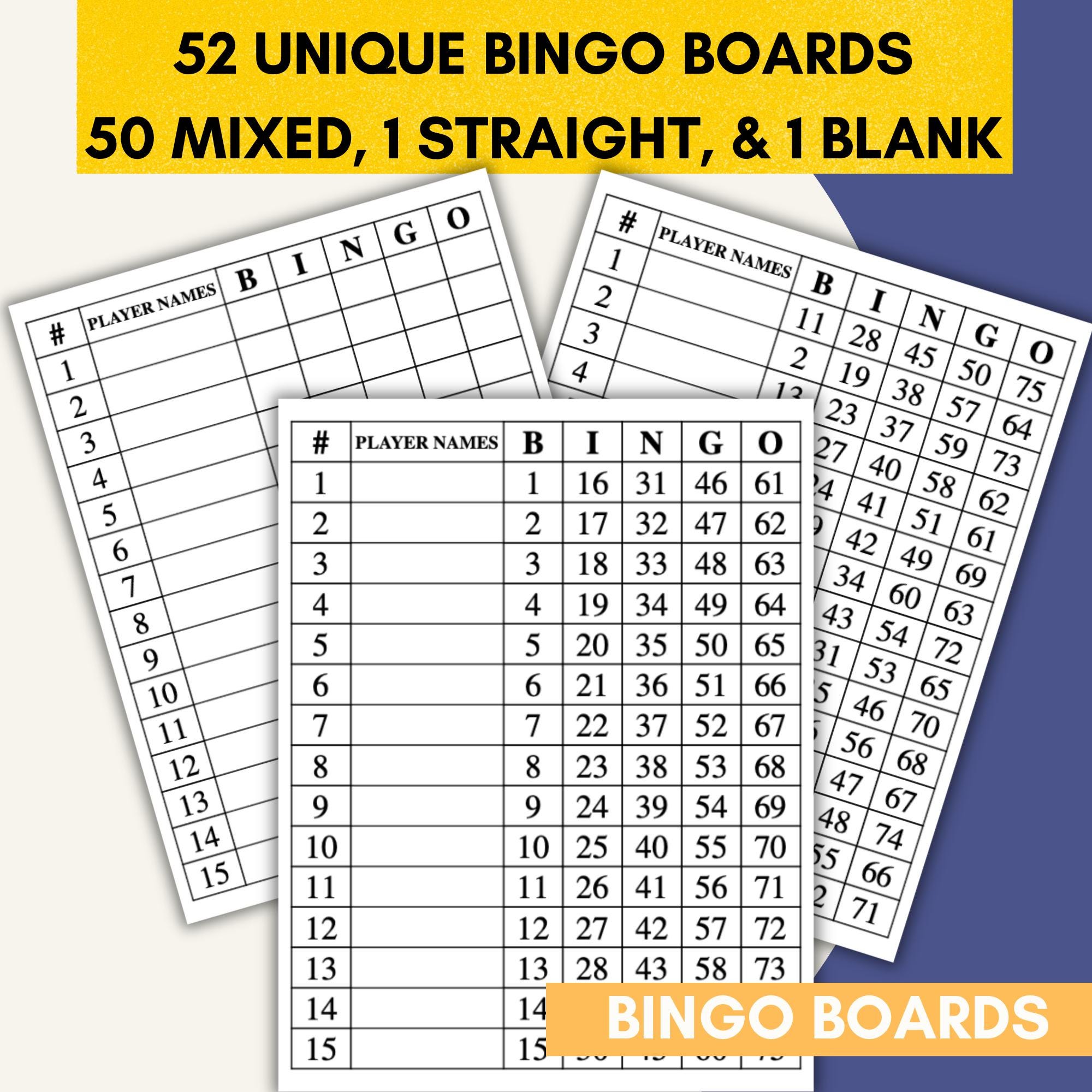 ¡50 tableros de bingo mixtos, 1 recto, 1 en blanco, 52 tableros únicos en paquete! / Bingo de 1 a 75 bolas / Bingo de 1 a 15 líneas / PDF imprimible / Descarga instantánea.