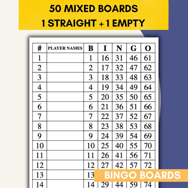 50 Mixed Bingo Boards, 1 Straight, 1 Blank, 52 Unique Boards in Bundle ...