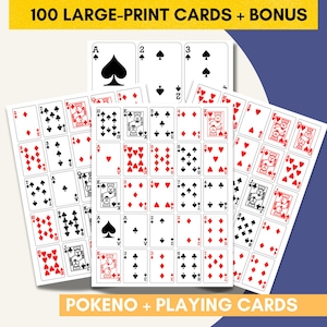 Cartas Jumbo Pokeno! 100 tabuleiros de Poker Bingo / Poker Keno com letras grandes + baralho de cartas bônus e folha de dicas de classificação de Poker | Download imediato!