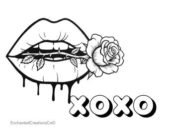 Lips & Roses Paint and Sip Canvas | XOXO Paint Night Design | Digital Download | Girls Night Art Template | Sip and Paint Outline | Instant