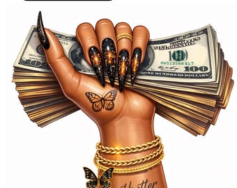 Light Brown Hand Holding Money PNG | Hustler Tattoo Clipart | Black & Gold Nails | Wealth Boss Babe Digital Download