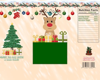 Reindeer Cocoa Pouch Template Christmas Treat Bag printable holiday packaging