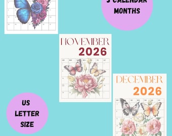 2026 Fall Butterfly Printable Calendar Bundle | October November December Planner Pages | Monthly Calendar + Notes Pages | Instant Download